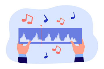 Hands of music producer holding audio track. Person making or recording song, flying note symbols flat vector illustration. Music, production, media concept for banner, website design or landing page