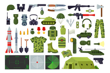 Military equipment illustration set. Collection of cartoon images of weapon, soldier uniform. War, battle, terrorism concept