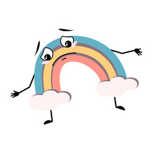 Cute Rainbow Character With Sad Emotions, Depressed Face, Down Eyes, Arms And Legs. Person With Melancholy Expression And Pose. Vector Flat Illustration