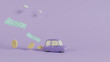 Purple car on golden coins. Car money, expensive oil, trading, insurance, rental concept background. 3d illustration.