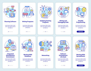 Professional programmer skills onboarding mobile app screen set. Walkthrough 5 steps graphic instructions pages with linear concepts. UI, UX, GUI template. Myriad Pro-Bold, Regular fonts used