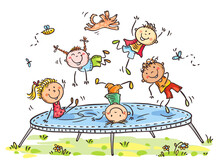 Cartoon Happy Cute Funny Doodle Kids Jumping On Trampoline
