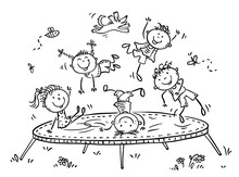 Cartoon Happy Doodle Kids Jumping On Trampoline, Outline Illustration