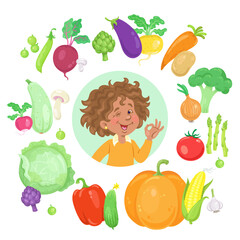 Canvas Print - Child and healthy food. Happy little girl surrounded by colorful vegetables. In cartoon style. Isolated on white background. Vector flat illustration.