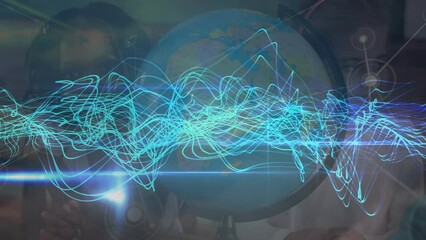 Poster - Animation of blue lights with data processing over diverse pupils in classroom