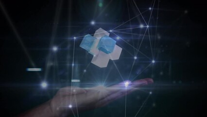 Poster - Animation of waves and cubes over hand on caucasian woman in black background