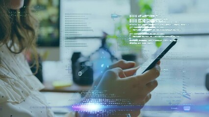 Poster - Animation of data processing over caucasian woman using smartphone