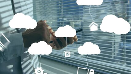 Poster - Animation of digital clouds with electronic devices over caucasian man using smartphone