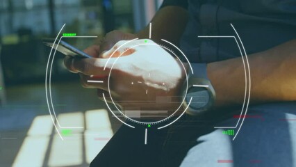 Sticker - Animation of scope scanning over caucasian man using smartphone