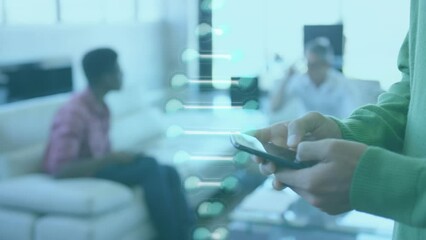 Poster - Animation of dna strand spinning over caucasian man using smartphone