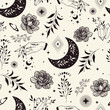 Vector seamless pattern of hands, constellations, herbs, phases of moon and stars. Mystical esoteric trendy background for design of fabric, packaging, phone case, astrology.