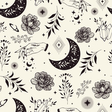 Vector Seamless Pattern Of Hands, Constellations, Herbs, Phases Of Moon And Stars. Mystical Esoteric Trendy Background For Design Of Fabric, Packaging, Phone Case, Astrology.