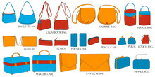 Coloring Set Of Stylish Bags. Baguette, Crossbody, Envelope, Barrel, Clutch, Purse, Makeup Case, Pencil Case, Phone Case, Duffle Bag, Pouch. Collection Of Luxury Modern Accessories.