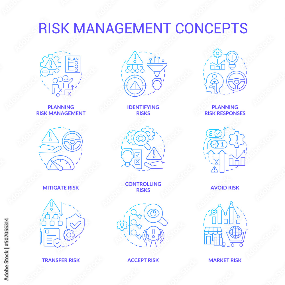Risk management blue gradient concept icons set. Identifying and ...