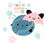 Fototapeta Pokój dzieciecy - Enjoy every day card. Cute moon holding kid umbrella