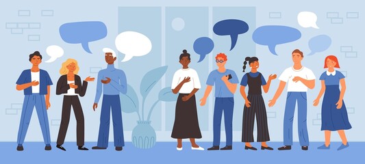 Office people communication. Business colleagues discussions. Work break conversations. Talking multiracial persons with speech bubbles. Employees teamwork brainstorming. Vector concept