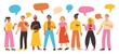 Talking people. Persons communications. Cartoon characters with speech bubbles. Colleagues discuss. Dialog and debate. Various topics conversations. Vector speaking men and women set