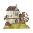 Watercolor house with wild strawberries. Watercolor illustrations for your design - greeting cards, invitations, textiles and other decor.