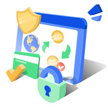 Sending Money Over The Internet. Online Banking. 3d Model Of A Computer Screen, A Bank Card, A Shield And A Lock As A Symbol Of Security. Vector Graphics On A White Background