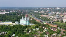 Forward Reveal Aerial Shot Uspensky Cathedral And Dnepr (Dnieper) River On Sunny Summer Day. Smolensk, Russia.