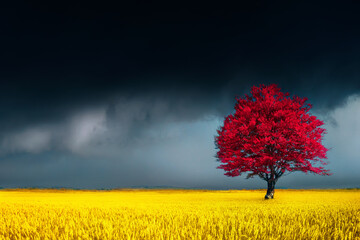 beautiful landscape of lonely tree in autumn on wheat field against stormy clouds