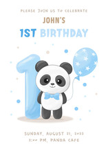 Birthday Party Invitation With Cute Little Panda Boy With Figure One, Blue Balloon And Bow Tie. Vector Illustration