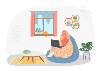 Poster - work from home, woman in chair with laptop