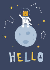 Wall Mural - poster with cute cat astronaut on the moon surface. vector print with kitten cosmonaut and lettering