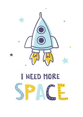 Wall Mural - poster with doodle outline rocket and lettering. cute space vector print for t-shirts and apparel.