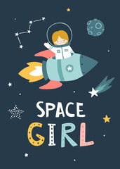 Wall Mural - space poster with little astronaut flying on the rocket. cute cosmic print with baby girl on the spa