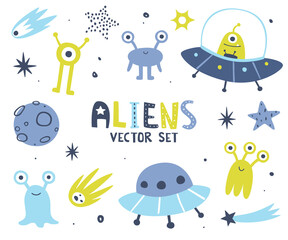 Wall Mural - set of cute aliens in the space. cosmic monsters collection. cartoon space creature bundle.