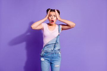 Sticker - Photo of impressed shocked girl hands touch head open mouth cant believe isolated on violet color background