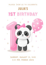Birthday Party Invitation With Cute Little Panda Girl With Figure One, Pink Balloon And Bow. Vector Illustration