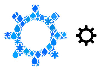 Wall Mural - Vector winter blue water collage gearwheel icon. Gearwheel mosaic is organized with ice parts, water drops, snow flakes. Ice related elements are grouped into abstract mosaic gearwheel icon.