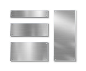 Metal banners. Realistic stainless steel boards with scratched grunge texture and silver shine. Vector metal signs and plates set.