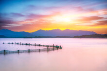 The Beautiful Of Silhouette Sunset Landscape Scenery Of Xihu West Lake And Pavilion In Hangzhou CHINA.