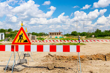 Sign With Symbol Of Warning At Construction Zone Area