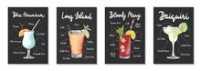 Set Of 4 Advertising Recipe Lists With Alcoholic Drinks, Cocktails And Beverages Lettering Posters, Wall Decoration, Prints, Menu Design. Hand Drawn Typography With Sketches. Handwritten Calligraphy.