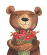 Bear with flower. Watercolor illustration, hand drawn
