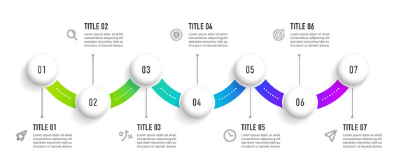 Poster - Timeline infographic design with 7 options or steps. Infographics for business concept. Can be used for presentations workflow layout, banner, process, diagram, flow chart, info graph, annual report.
