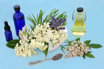 Poster - Natural herbal plant medicine with valerian, lavender and elder flower herbs in a mortar with essential oil bottles. Used as a tranquilizer to treat anxiety, insomnia and is a calming medication. 