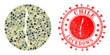 Vector Mosaic Chile Map Of Covid-2019 Items And Grunge LOCKDOWN Seal. Mosaic Geographic Chile Map Designed As Stencil From Round Shape With Covid Virus Elements In Camo Army Colors.
