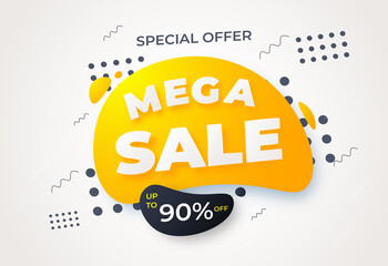 Web mega sale white liquid banner, up to 90% off. Vector illustration Sale banner template design, Big sale special offer