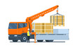 A worker unloads a truck use a mounted crane isolated. Vector illustration.