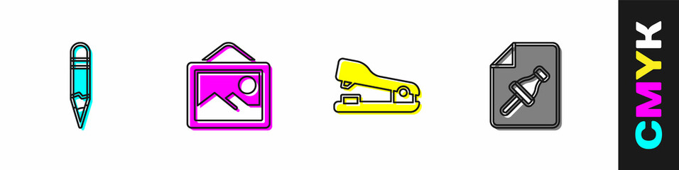 Poster - Set Pencil, Picture landscape, Stapler and Note paper with push button icon. Vector