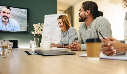 Wall Mural - Happy businesspeople having a video conference in a boardroom