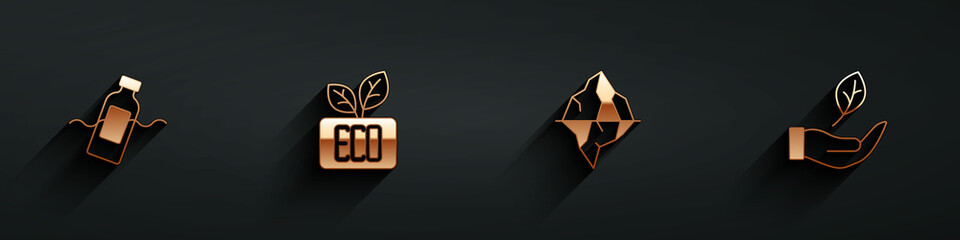 Set The problem of pollution, Leaf Eco symbol, Iceberg and in hand icon with long shadow. Vector