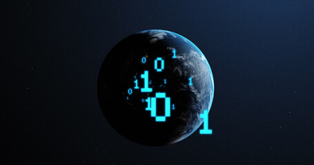 Image of binary coding and globe on black background
