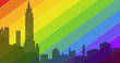 Image of fist over cityscape and rainbow