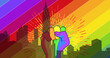 Image of fist over cityscape and rainbow